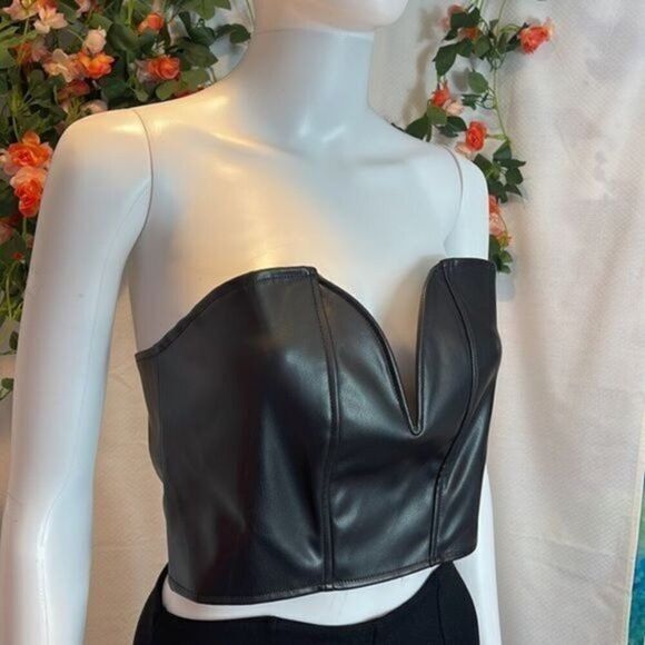 Micas Fierce Black Vegan Leather Strapless Bustier Crop Top‎ Size Small - Picture 3 of 6